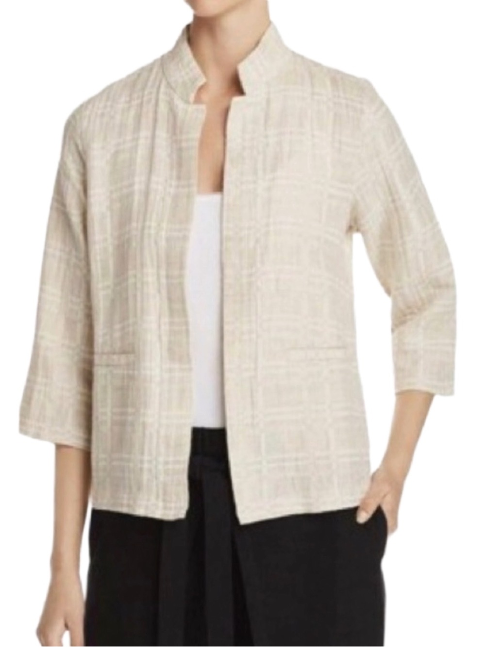 Eileen Fisher Natural Check Organic Cotton Linen Jacquard Jacket Sz P/L EUC